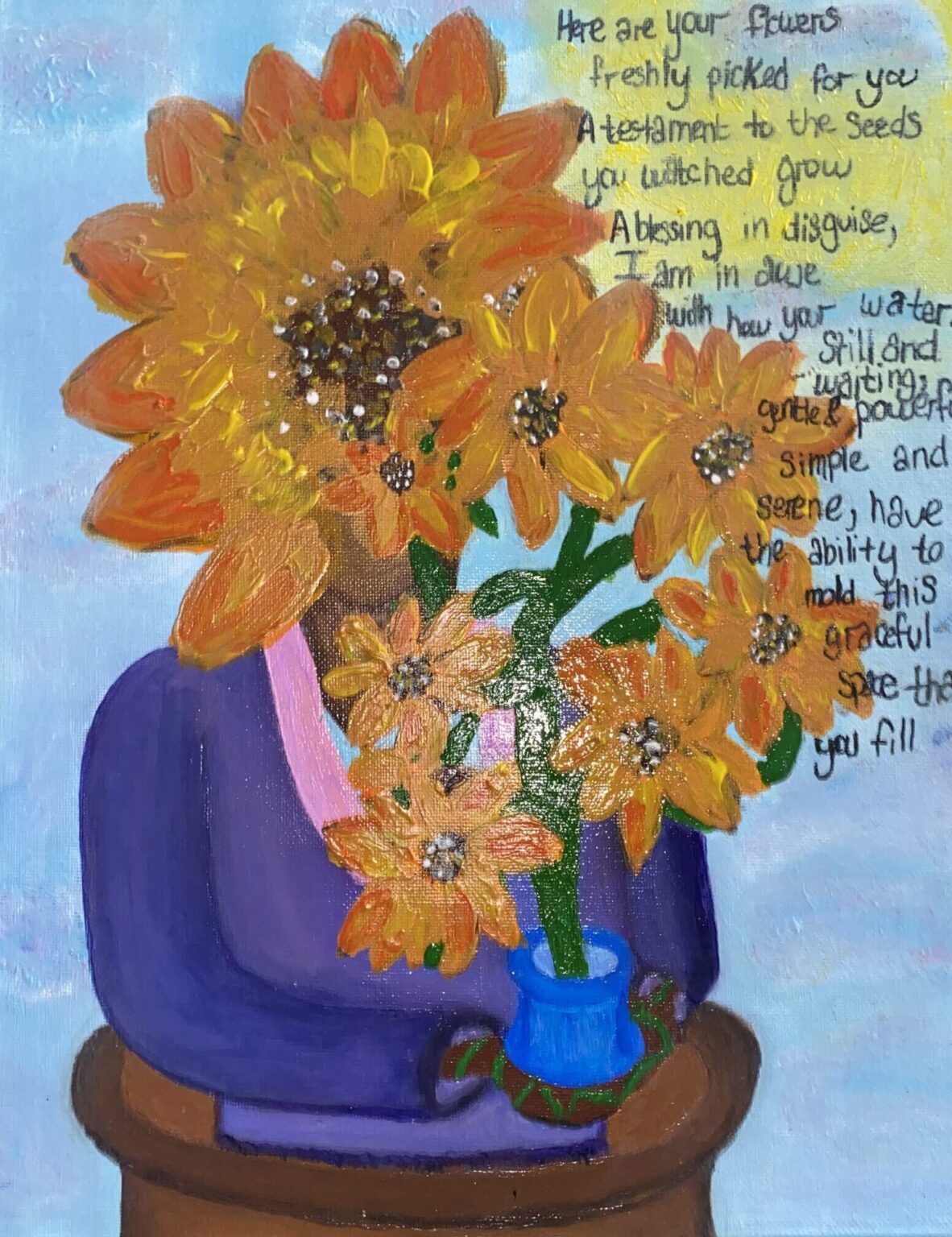 “Here Are Your Flowers” 5.2022 Oil Pastel, Acrylic, Gouache*, & Art Pen on 11x14 Canvas