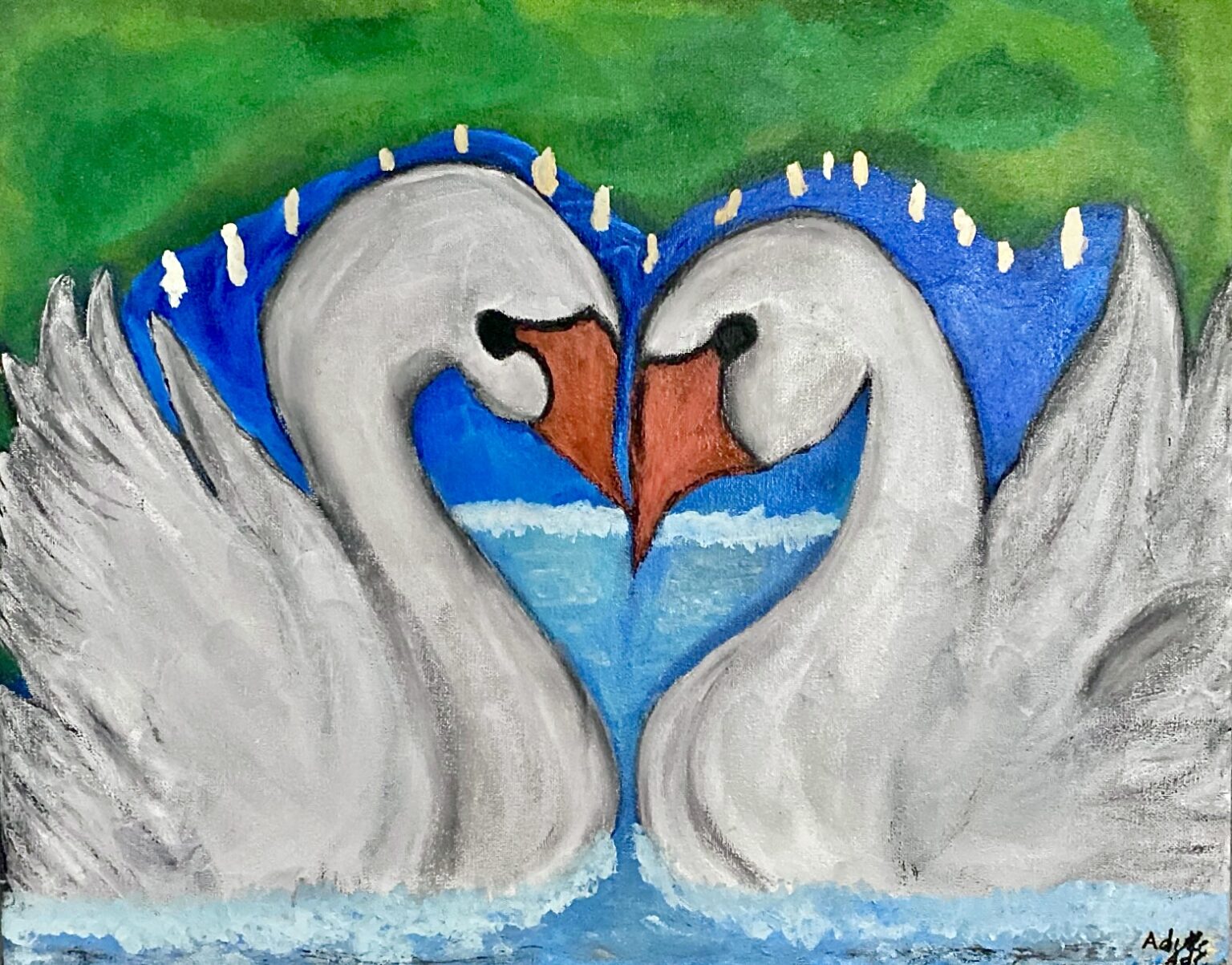 “Two Swans Kissing in a Gated Swimming Pool” Sept.7th-8th.2021 Oil Pastel & Acrylic on 16x20 Canvas